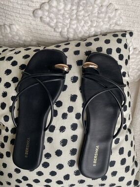 Bershka Black Slide Sandals with Gold Detail